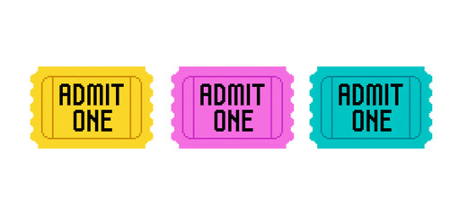 Colorful Flat Pixel Ticket icon. Vector tickets in 8-bit retro game style isolated on whithe backgound. Cinema ticket, offer icon, discount coupon. Simple promo ticket pixel icon. Geek style coupo