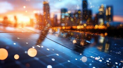 Modern City Skyline with Futuristic Technology and Bokeh Lights at Sunset