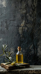 Olive oil bottle ad background with copyspace, vegetable oil commercial produce, food industry and retail concept