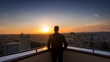 Fototapeta premium Silhouette of a Man on a Rooftop Balcony at Sunset
