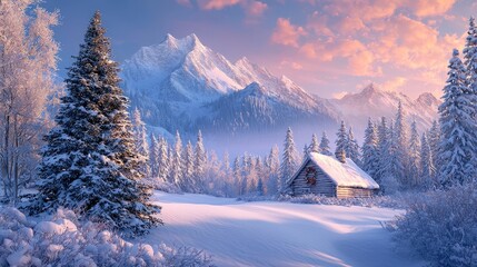 Fototapeta premium A cozy cabin sits in a snow-covered landscape surrounded by towering mountains and frosty trees as the sun rises, casting warm colors across the sky
