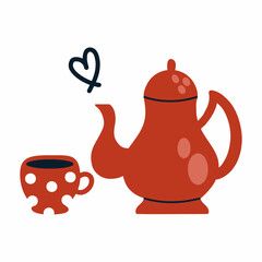 red teapot and cup. Tea set.element of decor of autumn postcard.