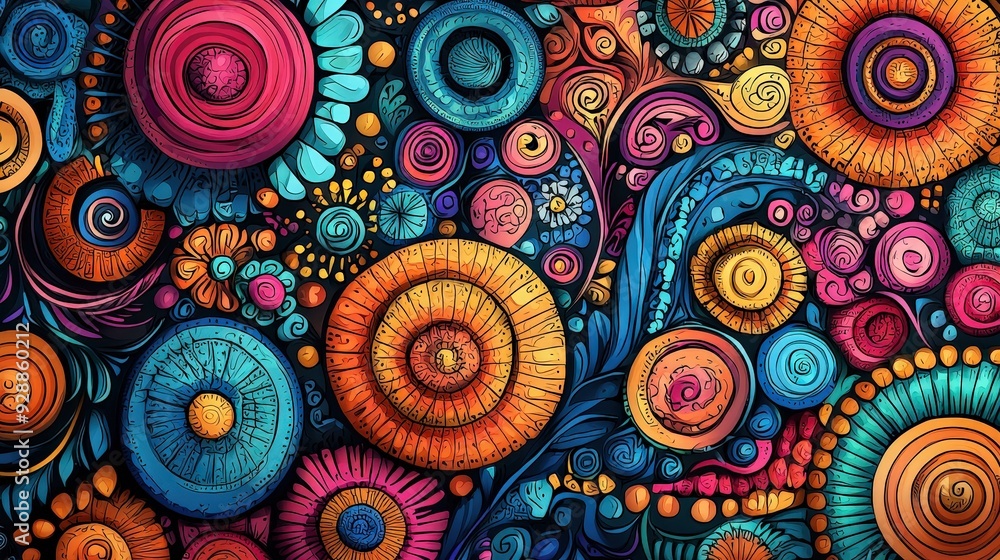 Poster Colorful circular patterns with swirling shapes create a dynamic abstract design, prominently featuring blue, pink, and orange hues on a dark backdrop