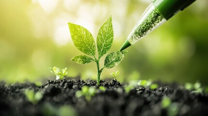 Close-Up of a Young Plant Growing in Soil with a Pen Shaped as a Leaf in a Bright Natural Environment