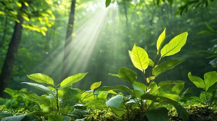 Fototapeta premium Lush Green Forest with Sun Rays. A dense, lush forest with sunlight filtering through the trees, creating a serene and vibrant atmosphere.