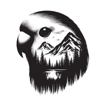 recommend clip art: silhouette of Lovebird filled with mountain and nature view in rough drawing