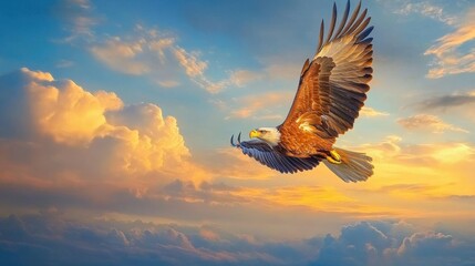 Majestic Eagle Soaring in the Sky. A powerful eagle soaring high in the sky with wings fully extended, against a backdrop of clouds.