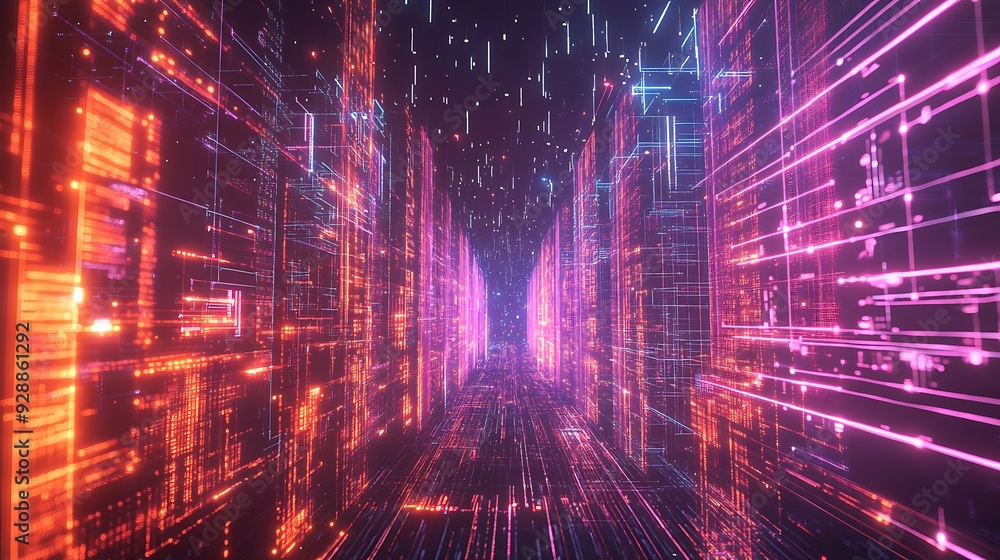 Poster a futuristic data center with holographic data visualization and ai-powered network management