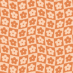Abstract seamless pattern with flowers. Retro checkered orande background. Vector texture for print, textile, fabric.