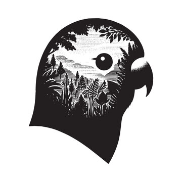 recommend clip art: silhouette of Lovebird filled with nature view in rough drawing