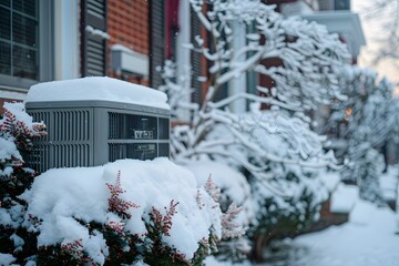 Winter Wonderland: Snow-Covered Air Conditioner Amidst a Cozy Neighborhood