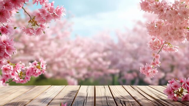 Cherry tree branch framing empty wooden tabletop