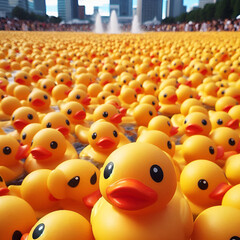 Obraz premium Closeup of Cheerful Yellow Rubber Ducks Duckling Filling Floating in Sparkling Clear Public City Swimming Pool Water. Fun & Playful Summer Vacation Atmosphere for Child Children Kids. Bokeh Background