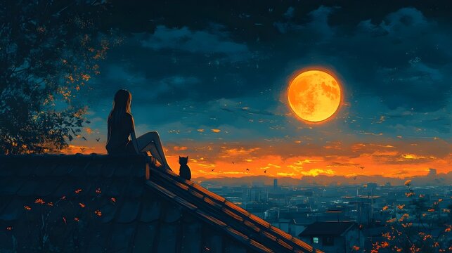 A young woman sits on a rooftop with her cat, gazing at the full moon and the city lights below.