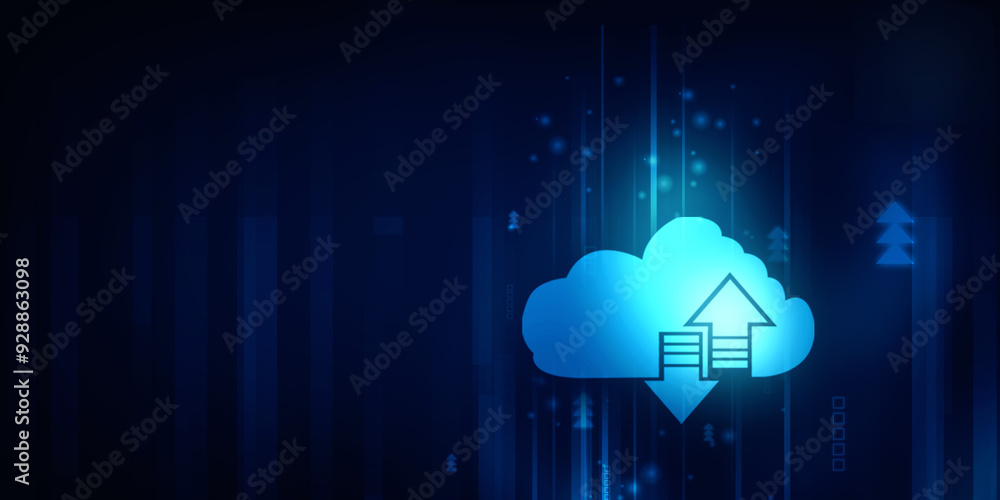 Poster 2d illustration uploading downloading arrow with cloud