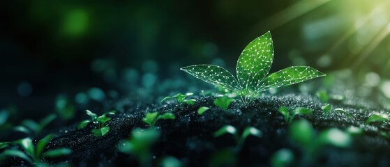 Young Green Plant Growing in Fertile Soil with Digital Network Overlay, Symbolizing Technology and Nature Integration