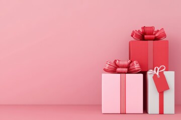 Obraz premium Stacked pink and red gift boxes with bows on a pink background..