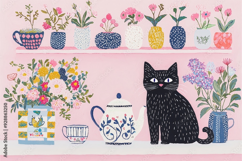 Poster A black cat sits next to various flower-filled vases on a pink shelf, creating a charming and inviting atmosphere in a cozy space
