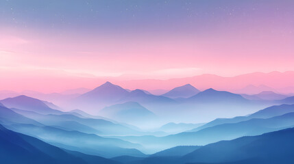 Obraz premium Serene sunrise over misty blue and purple mountain range with starry sky in the background creating a tranquil and ethereal landscape