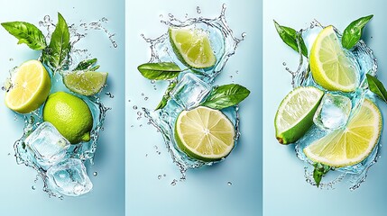   Three images of limes, mints, and ice cubes on a light blue background are optimized for clarity and visual appeal
