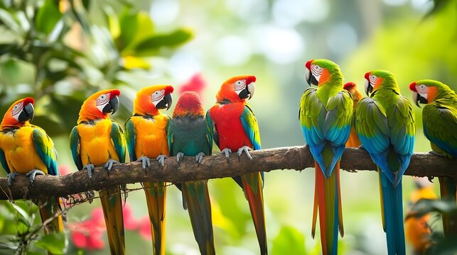 Vibrant Tropical Parrots Perched on Tree Branch in Lush Greenery