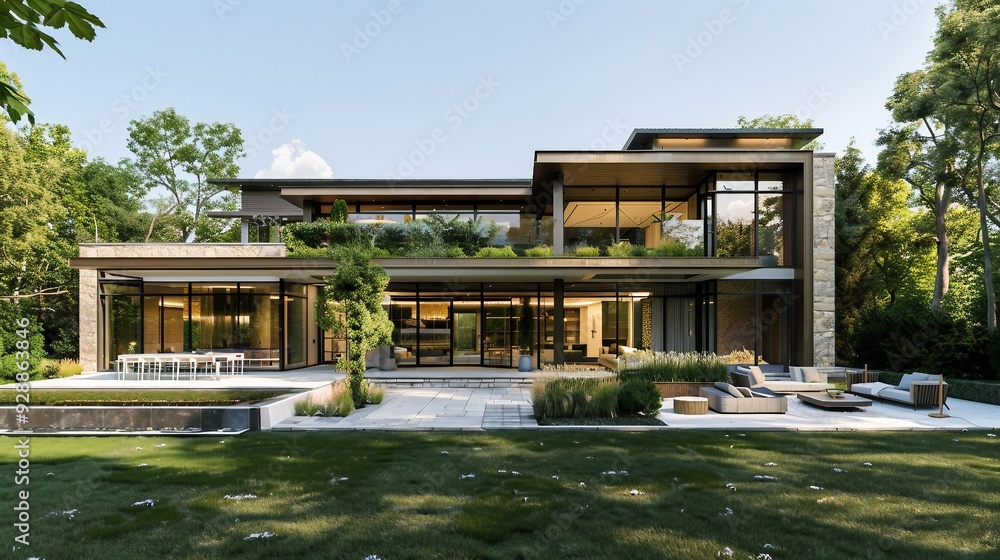 Wall mural Modern Luxury Home with Large Windows and Green Landscaping