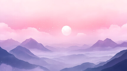 Obraz premium Serene Sunrise Over Misty Mountain Range with Pink and Purple Sky, Tranquil Nature Landscape with Layers of Peaks Under Cloudy Morning Sky