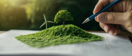 Sustainable Energy Concept with Wind Turbine and Tree on Grass Hill in Hand-Drawn Illustration