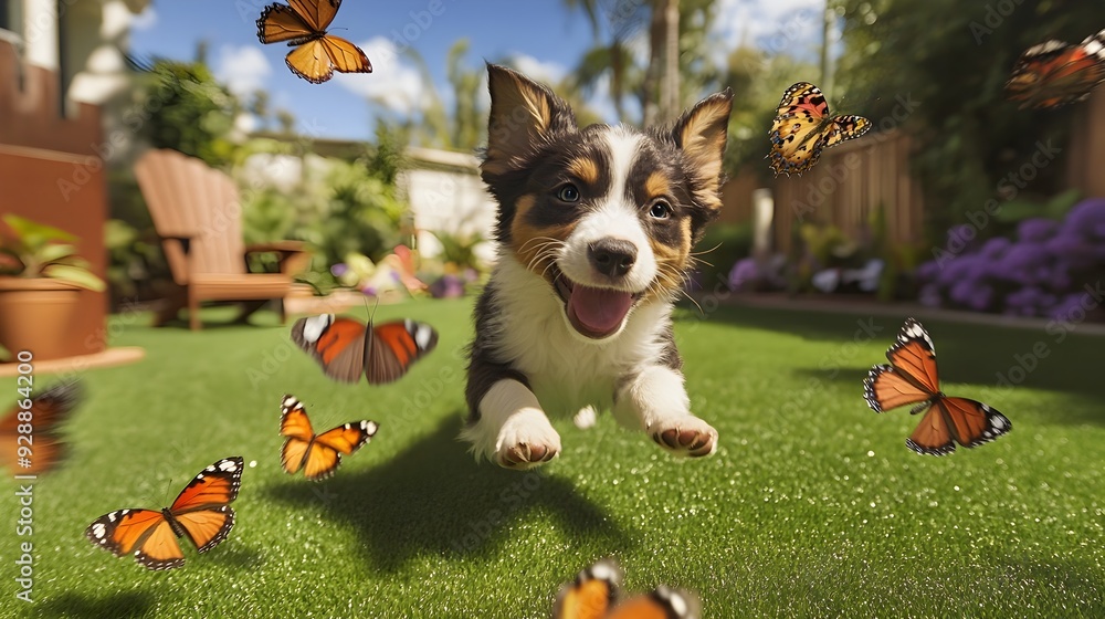 Wall mural playful puppy chasing butterflies in lush backyard garden