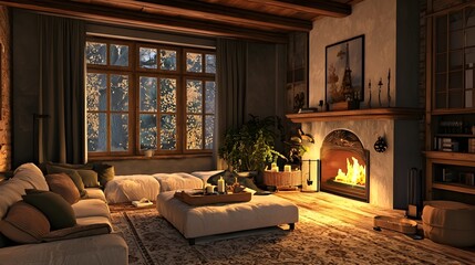 Fototapeta premium Cozy and Inviting Living Room with a Crackling Fireplace for Comfortable Relaxation
