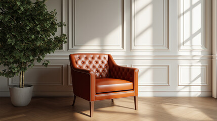 A beautifully designed and realistic leather chair in a dark brown-orange tone. The chair is set in a luxurious room with classic wooden walls painted in a light cream color. Beside the chair is a pot