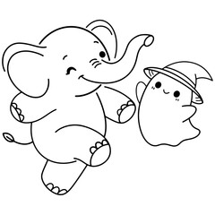 Delightful hand-drawn Halloween illustration of a happy elephant and an adorable ghost in a witch hat, perfect for festive designs