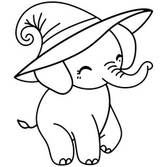 Charming hand-drawn illustration of a cute elephant wearing a witch hat, perfect for Halloween-themed designs and decorations