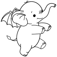 Charming hand-drawn Halloween illustration featuring an adorable elephant with bat wings, perfect for festive decorations and designs