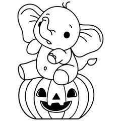 Charming Halloween illustration featuring a cute elephant sitting on acarved Jack-O'-Lantern pumpkin