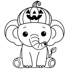 Charming hand-drawn Halloween elephant wearing a pumpkin hat, perfect for festive decorations, greeting cards, and seasonal designs