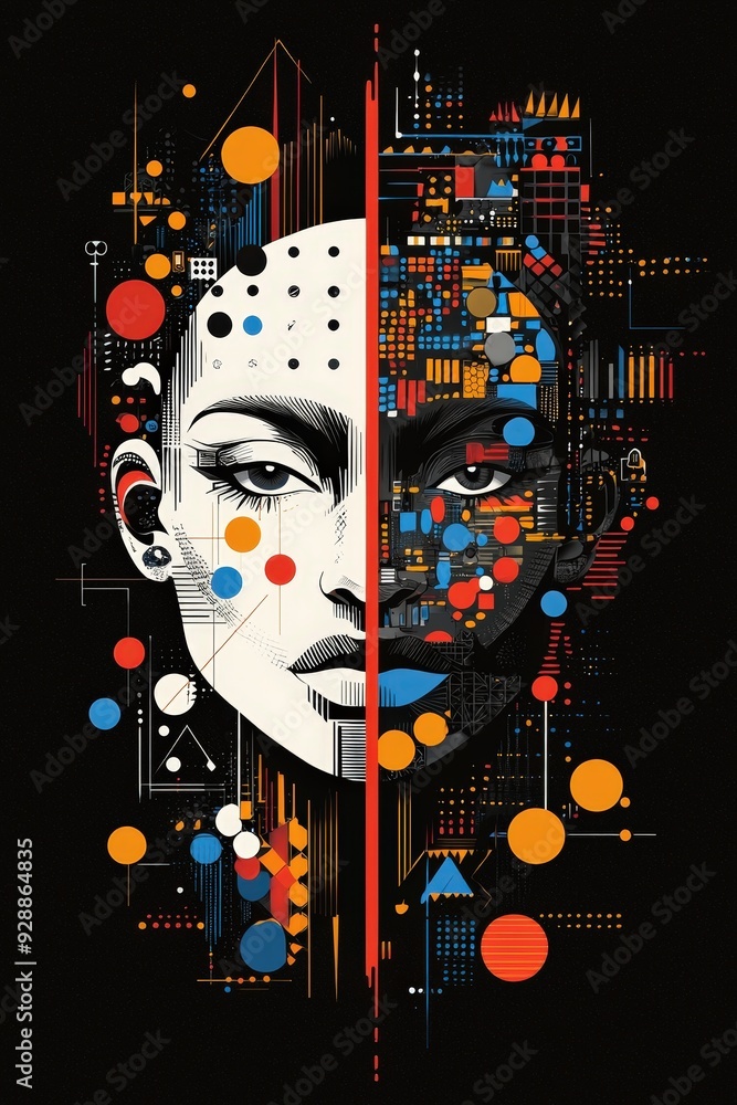 Poster two contrasting faces blend intricate patterns and bold colors, showcasing the fusion of humanity wi