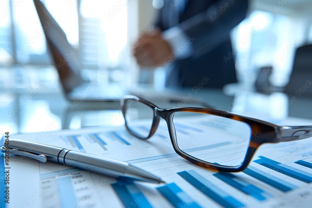 Poster professional workspace with glasses and data analysis charts