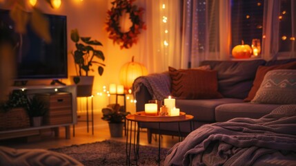 Obraz premium The living room is softly illuminated by candles and pumpkin decorations, creating a warm, inviting atmosphere perfect for autumn evenings.