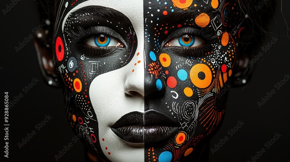 Poster a model displays striking face paint split into black and white sections, adorned with colorful dots