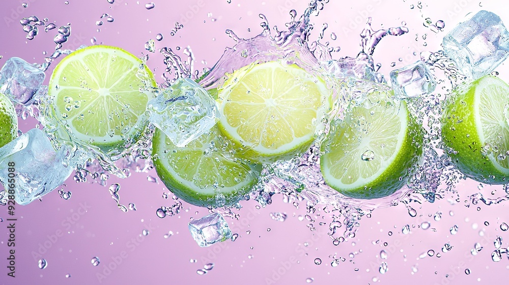 Poster limes on ice in a colorful setting with water splash