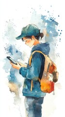 Naklejka premium A young person checks their phone while dressed in casual attire and a cap, surrounded by a watercolor background.
