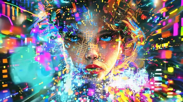 Woman experiencing digital overload in abstract visualization