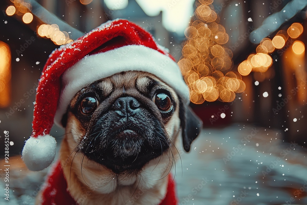 Canvas Prints A pug in a Santa hat stands on a snowy street, surrounded by warm holiday lights, capturing the joy of the festive season