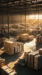 A spacious warehouse filled with neatly stacked wooden pallets and warm sunlight pouring through large windows.