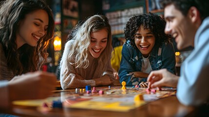 Friends Enjoying Strategic Board Game in Cozy Cafe Setting