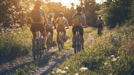 Fototapeta premium Adventurous Friend Group Exploring Scenic Countryside Landscape on Bicycles