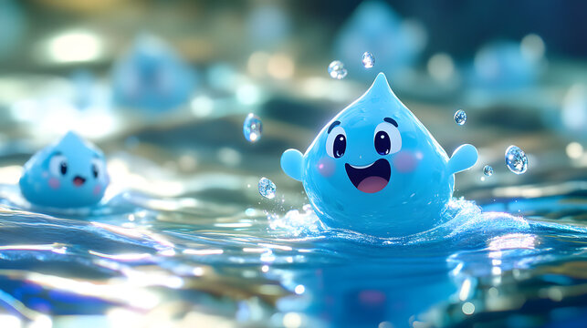 Cute animated water droplets with happy faces splashing playfully in sparkling water, vibrant blue hues, whimsical fantasy concept