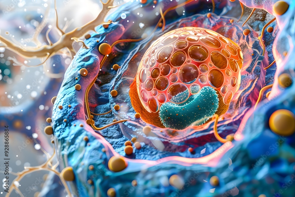 Poster intricate visualization of a cell's inner structure with vibrant organelles