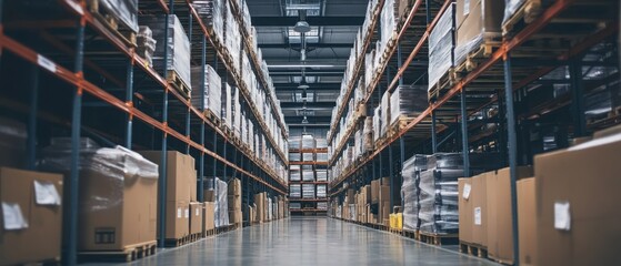 A spacious warehouse interior filled with neatly stacked boxes and organized shelves, showcasing efficient storage solutions.